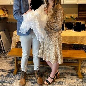 Cream Tan Brown Floral Pleated Long Sleeve Dress